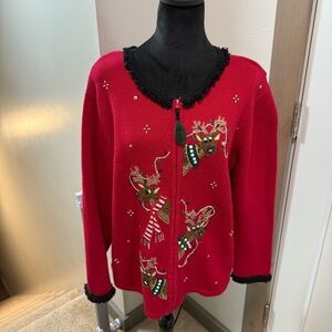 Vintage Tiara International Zip Up Ugly Christmas Sweater Red Reindeer Holiday M